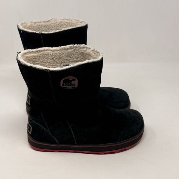 Sorel Glacy Mid Calf Boots Womens 6 Black Suede Waterproof Lined Winter - Picture 1 of 15
